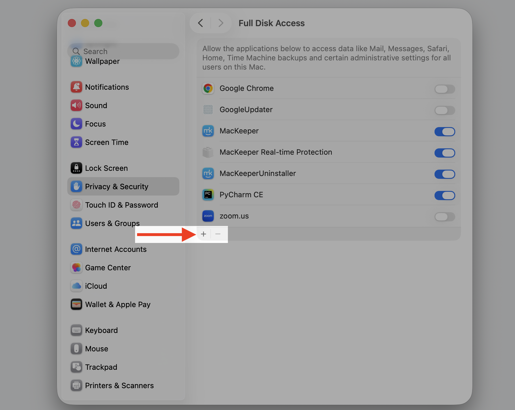 Full Disk Access pane in Apple's System Settings with the Add (+) button highlighted to list Terminal on your Apple computer.