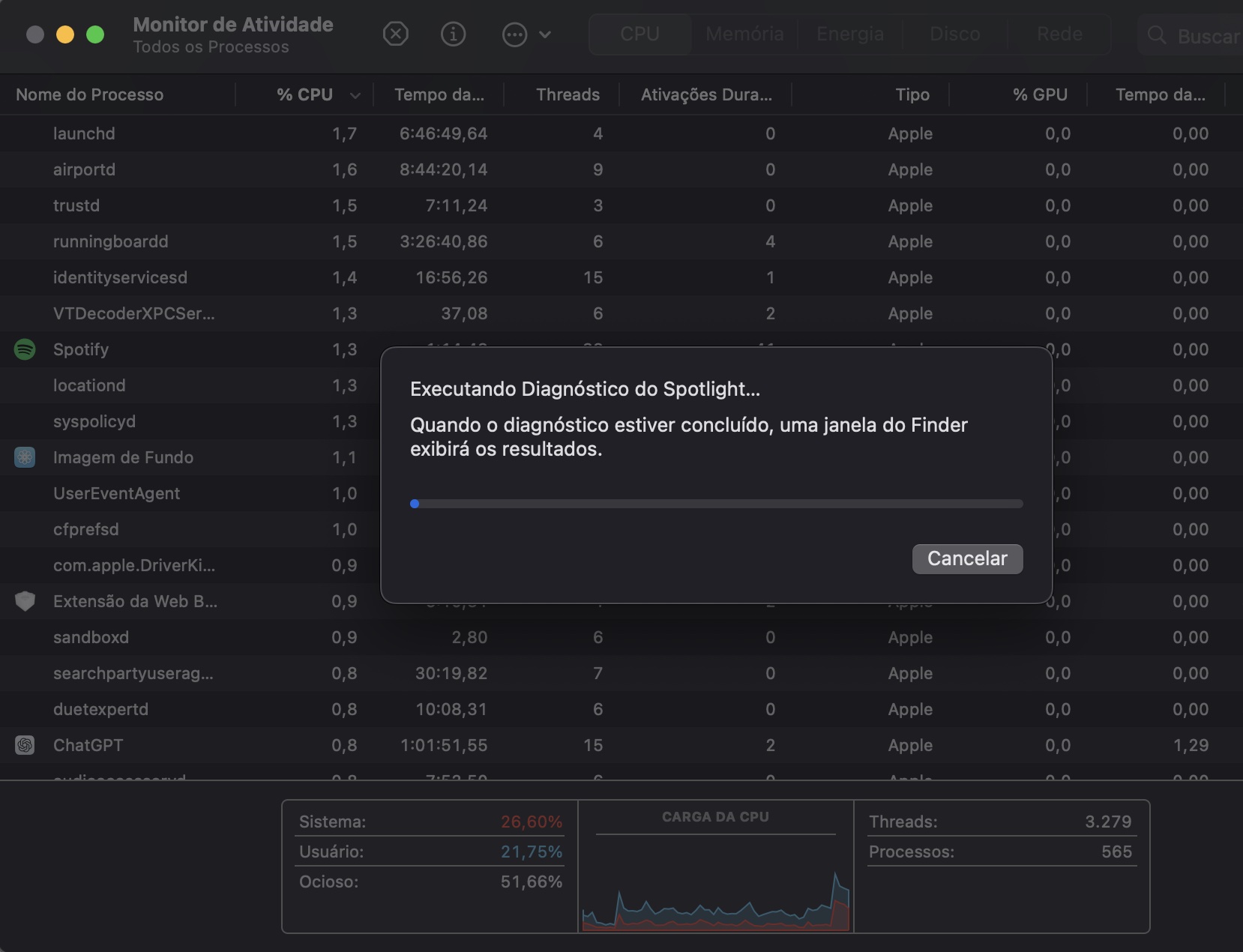 Depois de tudo configurado, você verá a mensagem de confirmação de que os Diagnósticos do Spotlight estão em execução. Aguarde um pouco