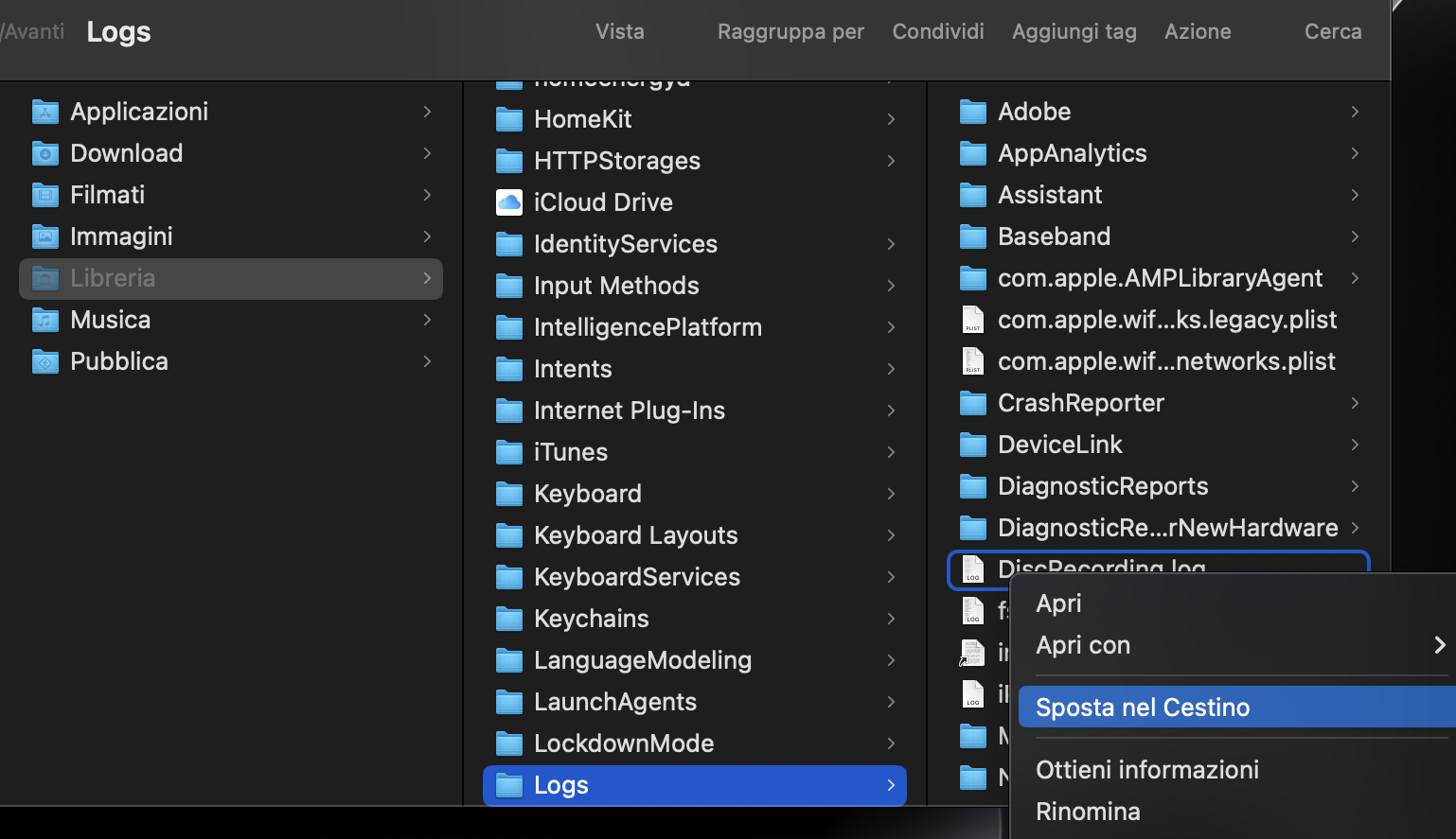 Quando sei nella cartella Logs del tuo Mac, cerca le cartelle che elimini in modo sicuro. Spostale nel Cestino e svuotalo subito dopo.
