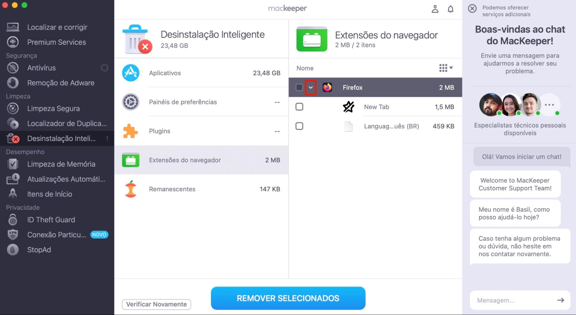 Agora, na lista de Extensões do navegador nos resultados da verificação da Desinstalação Inteligente do MacKeeper, marque as caixas necessárias para remover as extensões correspondentes e clique em Remover Selecionados.