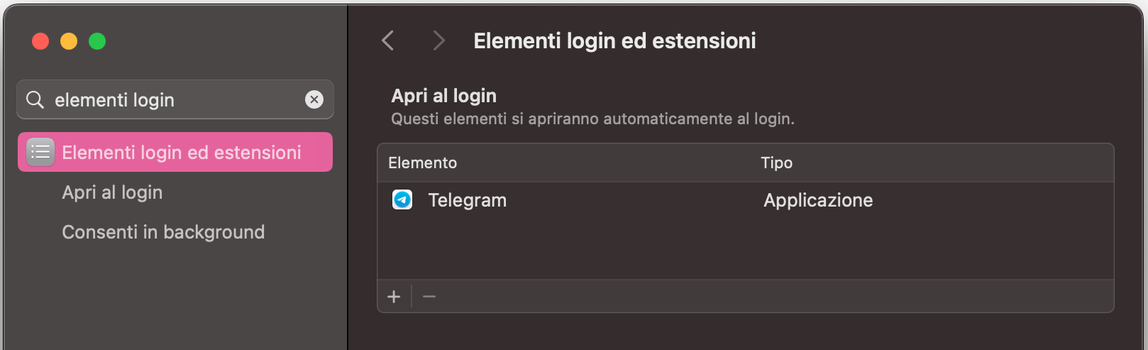 Per gestire gli elementi di login, apri Impostazioni di Sistema dal menu Apple e cerca Elementi login.
