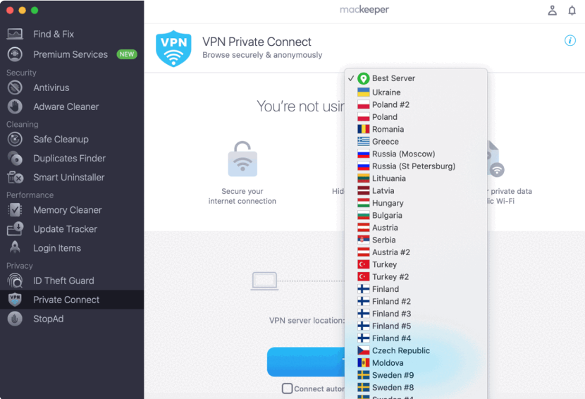 To protect your Mac using a VPN, select a server from the dropdown menu.