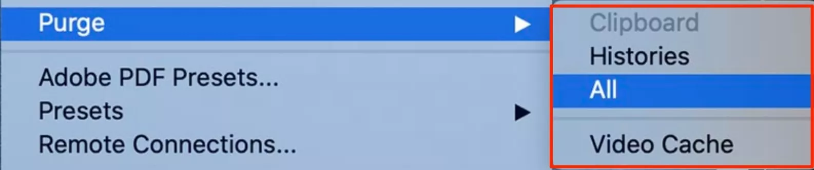 Photoshop-menyen på Mac som viser alternativene for Purge. For å tømme Photoshop-cachen din, klikk på All og deretter på OK for å bekrefte.