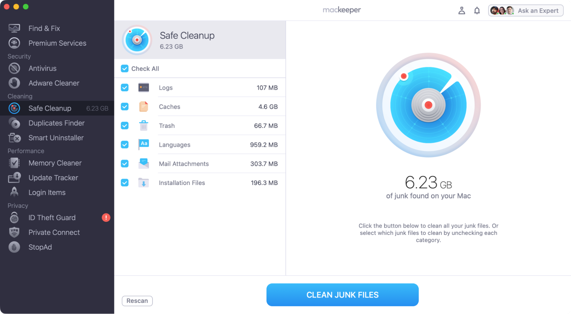 When Smart Scan has finished scanning your Mac, it will bring up a list of files and other data that you can safely delete. Select what to remove, and click the 'Clean Junk Files' button.