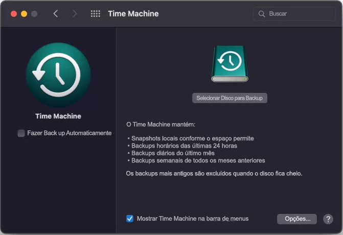 Os Ajustes do Sistema no Mac mostram o menu Time Machine. Desative a função Backup Automático para remover todos os snapshots locais.