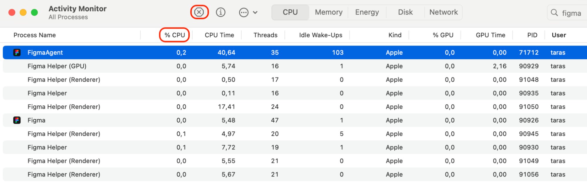 Launch Activity Monitor, locate the app under the CPU tab, select it from the process list, and click the X icon to end it.