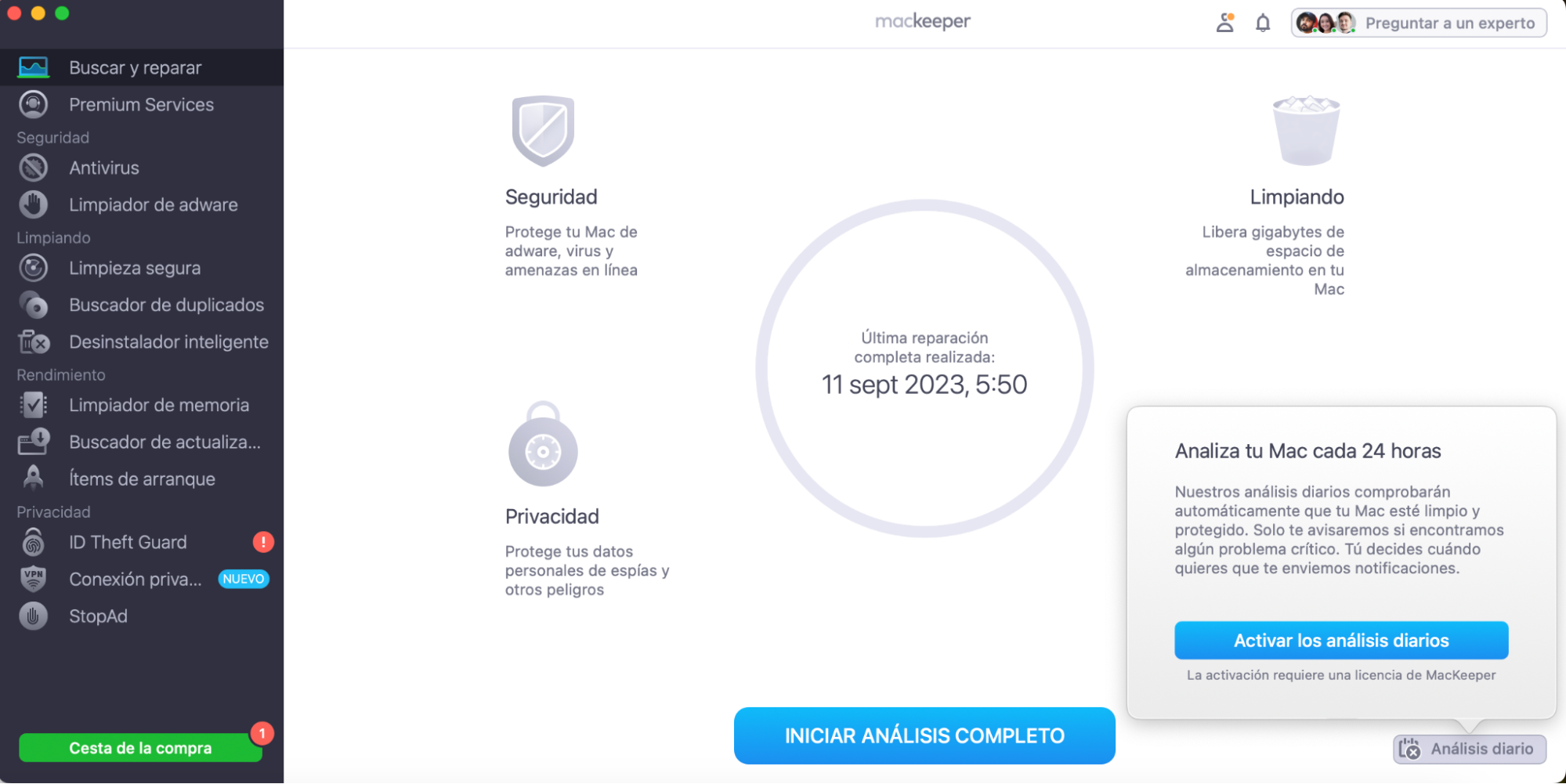 Haz clic en «Análisis diario» y la aplicación escaneará automáticamente tu Mac en busca de posibles problemas cada 24 horas.