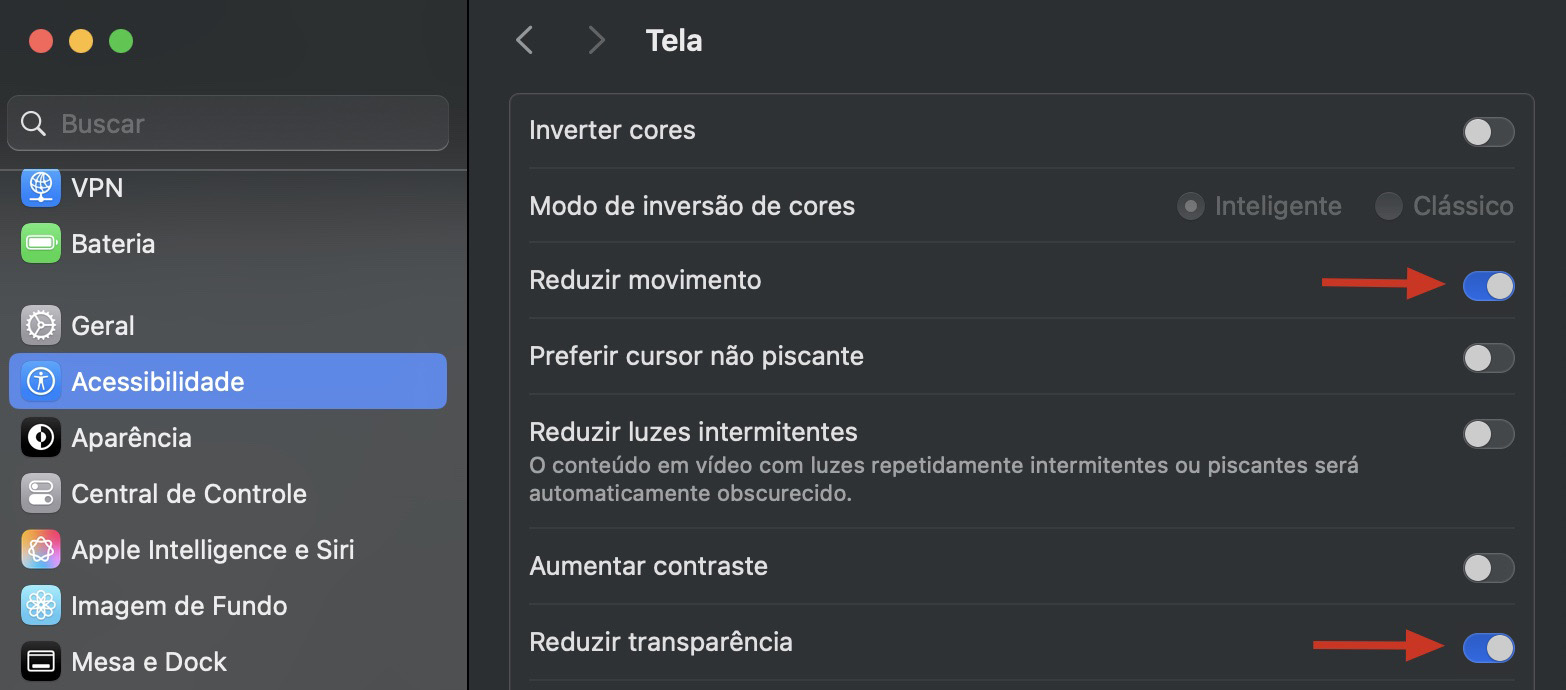 Captura de tela da janela Ajustes do Sistema mostrando como desativar os efeitos visuais pelo Ajustes do Sistema em um Mac durante a solução de problemas de alto uso de memória do WindowServer.