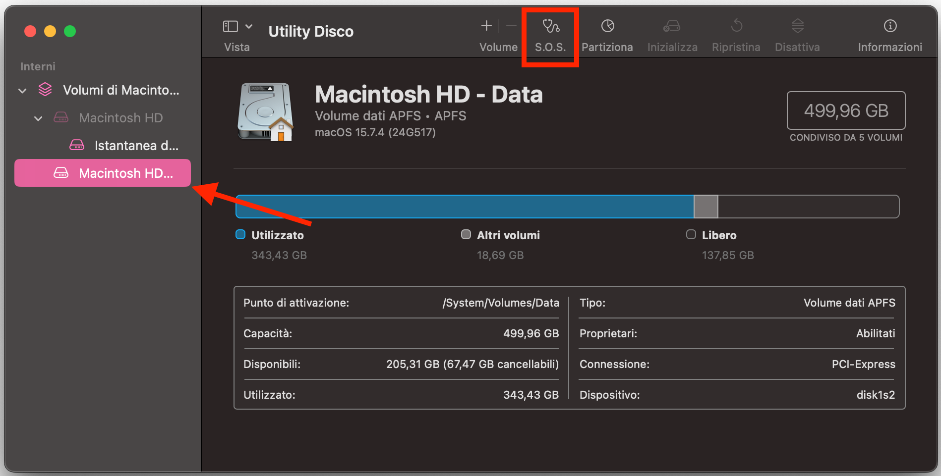 La funzione S.O.S. in Utility Disco su Mac. Esegui S.O.S. sull’unità per riparare file potenzialmente corrotti quando non riesci ad aprirli.