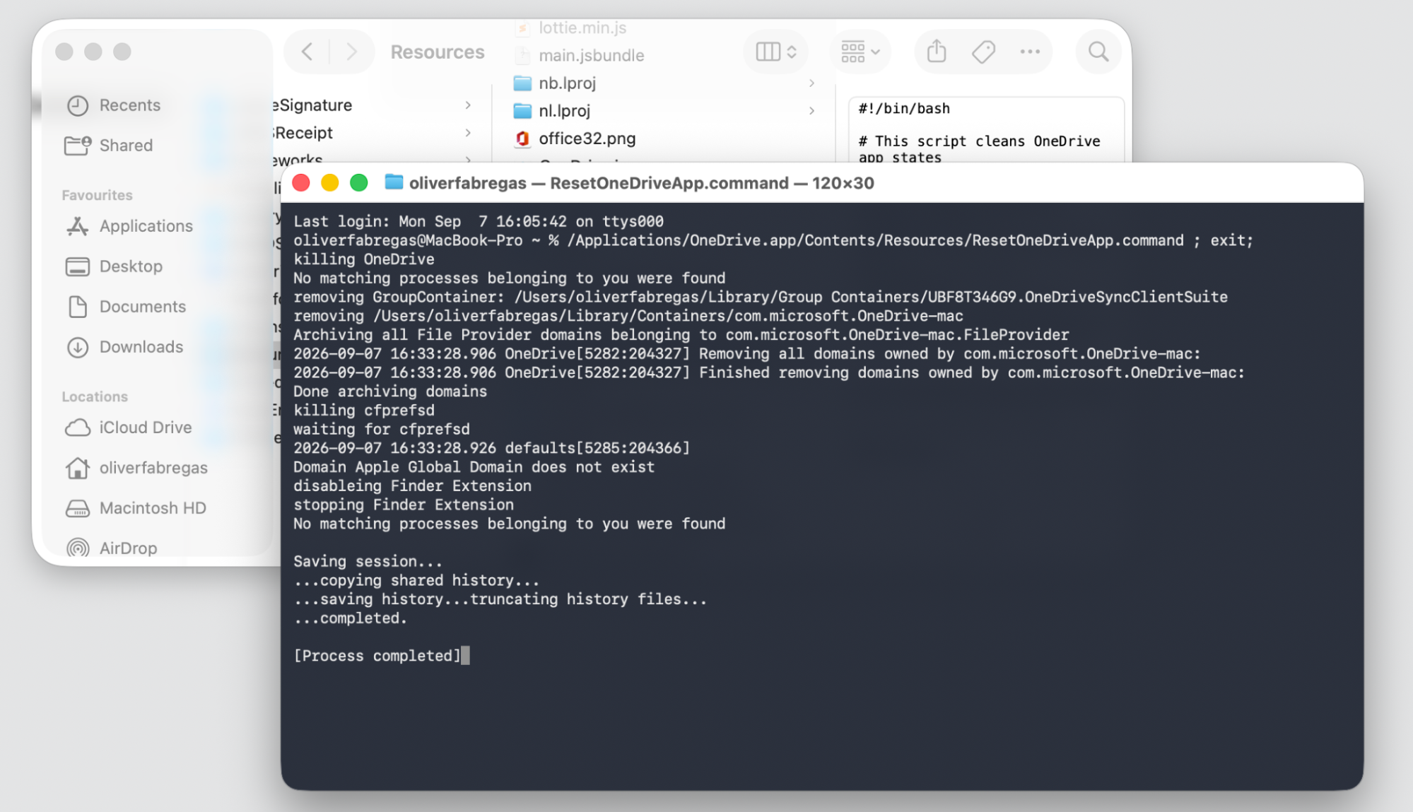Terminal running ResetOneDriveApp.command on macOS to reset the app and clear the OneDrive cache on your Apple laptop or MacBook.