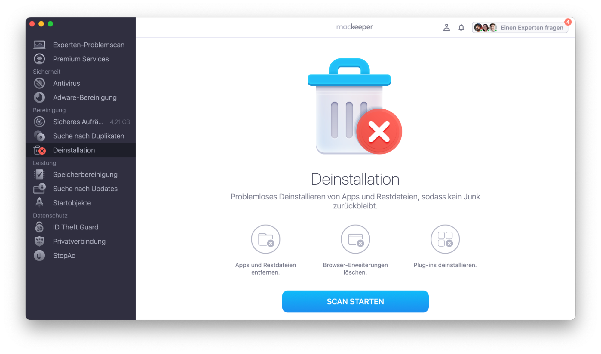 Um nicht mehr benötigte Dateien von Ihrem Mac zu löschen, starten Sie MacKeeper und wählen Sie links Deinstallation. Klicken Sie auf Scan starten.