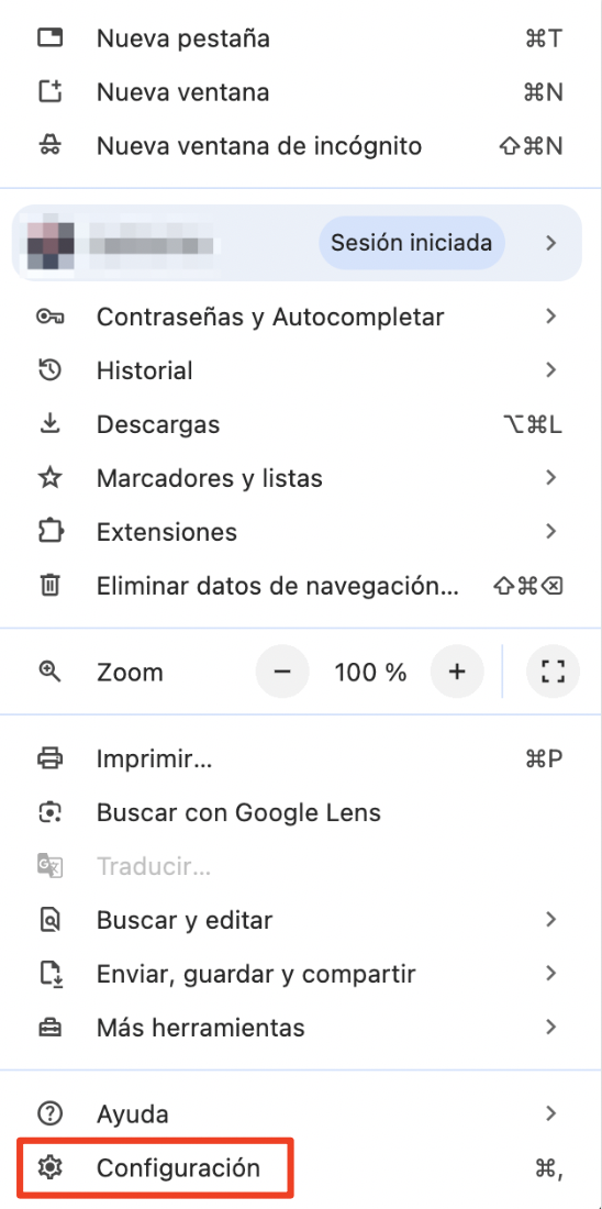 El menú de Google Chrome para Mac, con la opción Configuración resaltada. Cómo arreglar servicio de cuentas quiere usar el llavero de inicio de sesión.