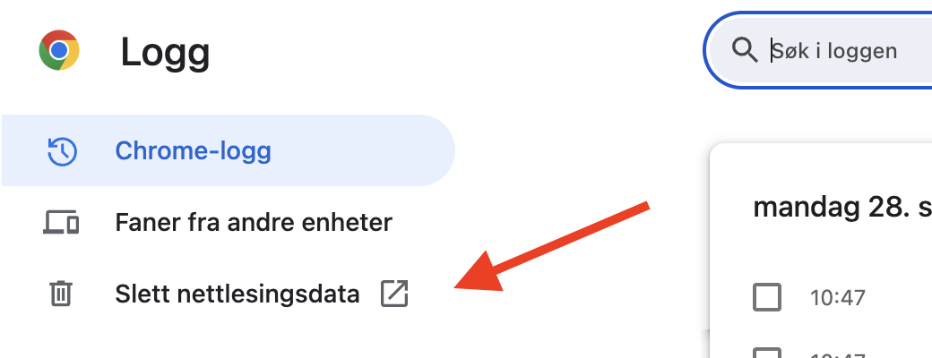 Google Chrome på Mac viser Logg-delen. Klikk på Fjern nettleserdata for å slette alle bufferfiler i Chrome.
