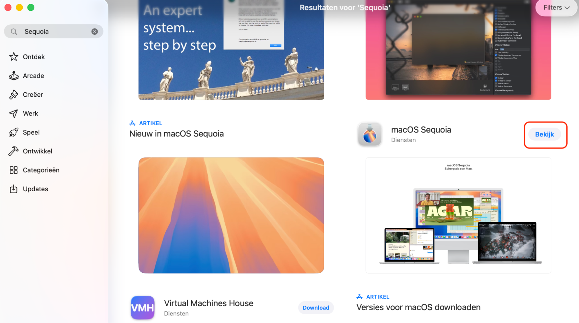 Om je macOS-versie bij te werken, klik je op het Apple Store-icoon, typ je Sequoia in, zoek je Mac Sequoia en klik je op Bekijk.
