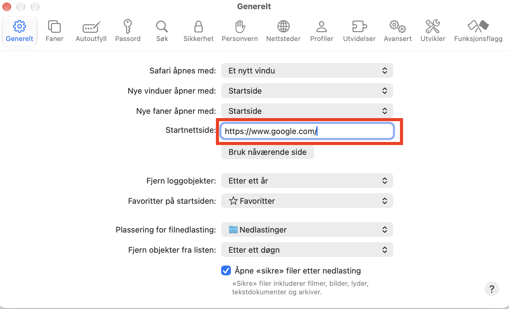 I Safaris innstillingspanel velger du fanen Generelt, og deretter sørger du for at startsiden ved siden av Startside er stilt inn på det du vil.