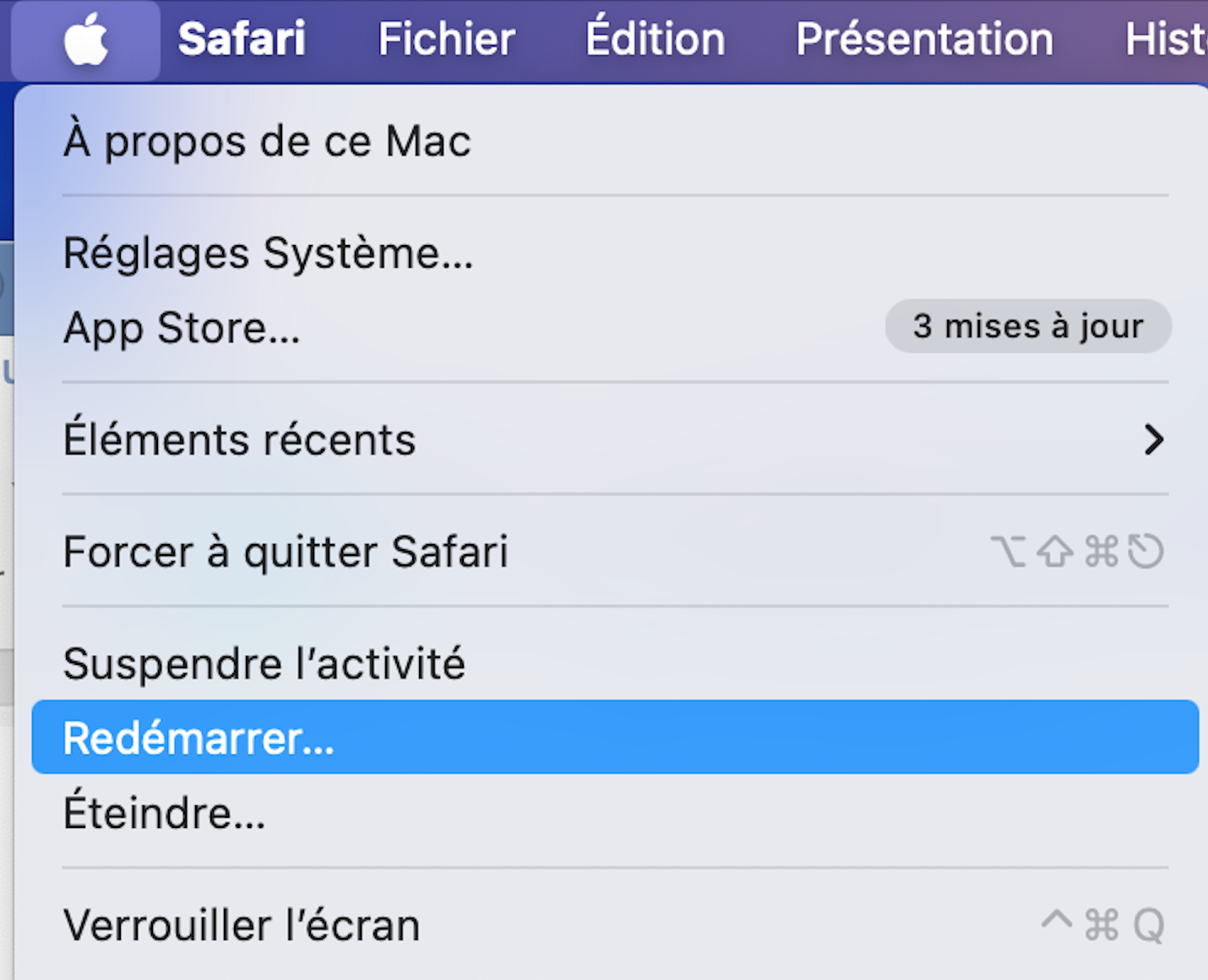 Menu Pomme déroulant. L’option Redémarrer surlignée en bleu permet de faire redémarrer votre MacBook. Menu Pomme déroulant. L’option Redémarrer surlignée en bleu permet de faire redémarrer votre MacBook.