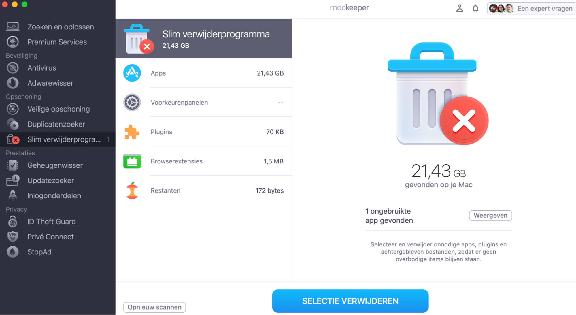 Om oudere systeembestanden te verwijderen, gebruik je MacKeeper's Slim Verwijderprogramma. Open de app, ga naar Slim Verwijderprogramma en klik op Selectie verwijderen. Wacht terwijl MacKeeper oude apps verwijdert.