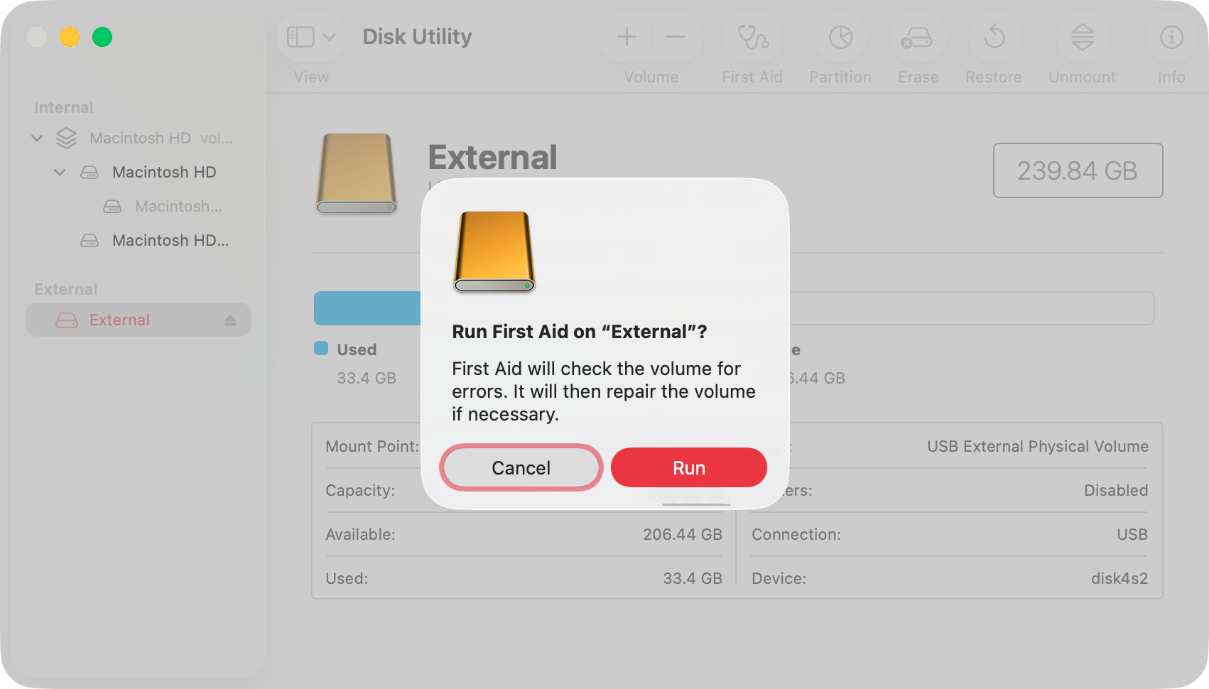 A message will pop up, telling you what First Aid will do. If you're happy to proceed, click the 'Run' button.