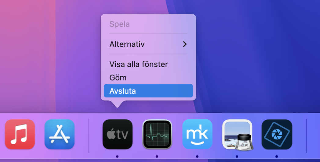 För att stänga andra program och förbättra stabiliteten för Photoshop-appen, gå till din Dock och titta under alla appikoner som har en punkt. Punkten betyder att programmet körs. Högerklicka på de appikoner du inte behöver och välj Avsluta för att stänga.