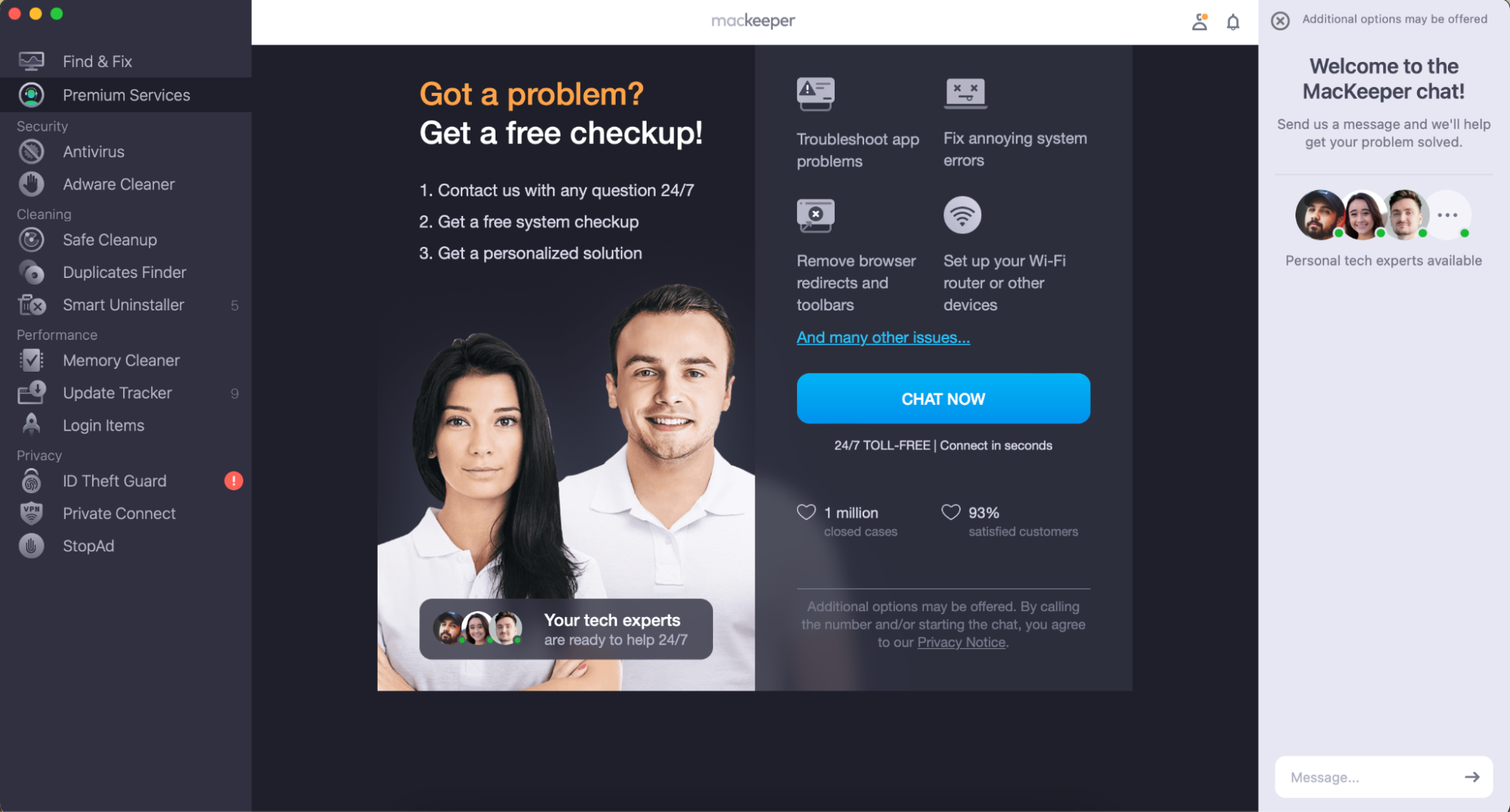 While MacKeeper is safe to download and use, you can still reach out if you have problems with your computer or software. A Premium Services team is available round-the-clock to assist you.