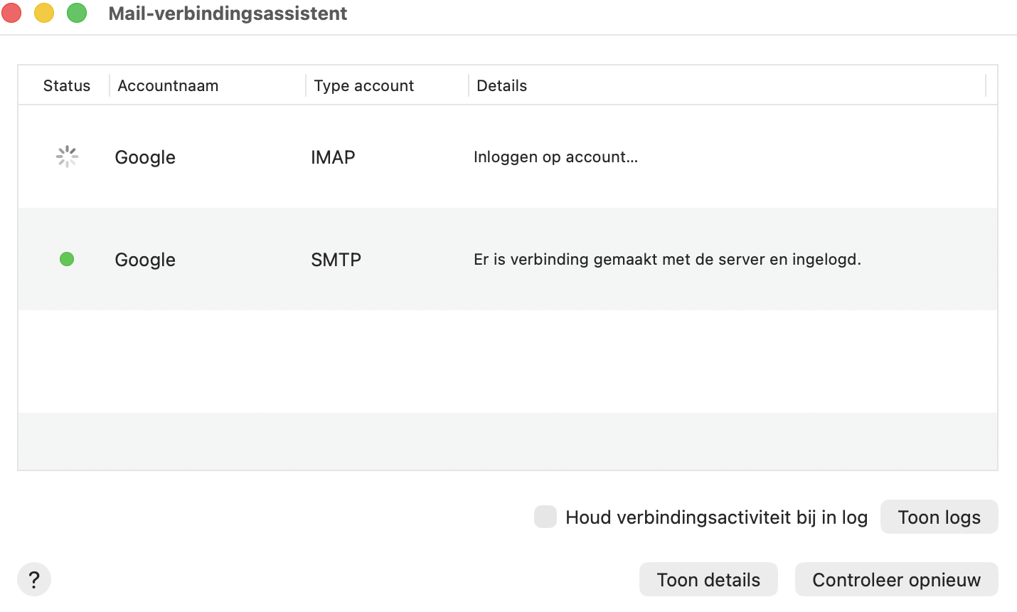 Het venster  Mail Verbindingsassistent toont een lijst van je verbindingen, samen met hun status en details. Let in eerste instantie op de  rode meldingen om problematische verbindingen te beheren en deze weer in orde te brengen.
