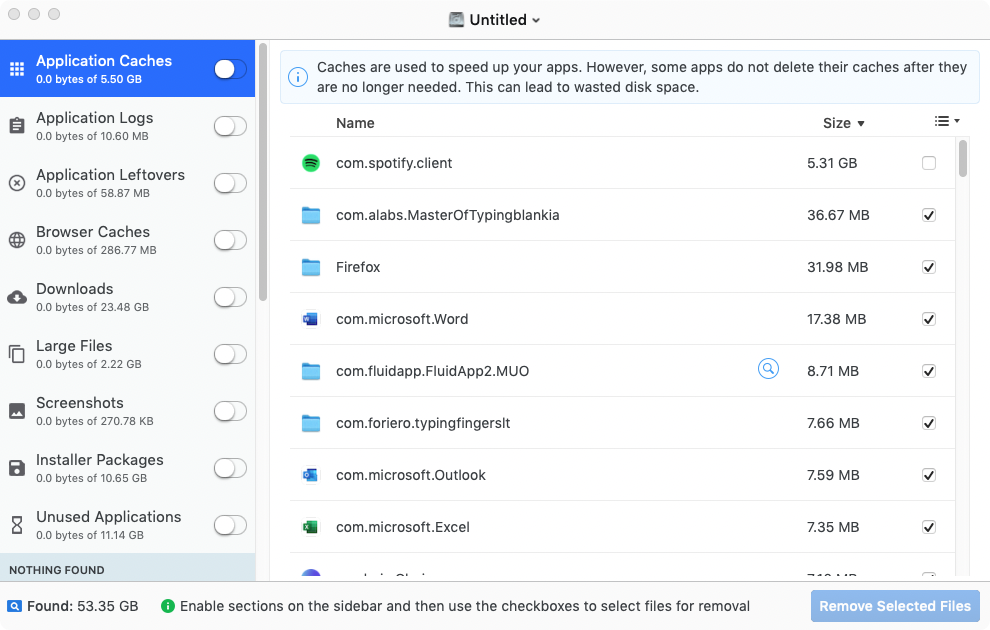 Het venster van Disk Doctor Pro toont de lijst met cachebestanden, oude downloads en andere overbodige bestanden die kunnen worden verwijderd om ruimte vrij te maken op de Mac.