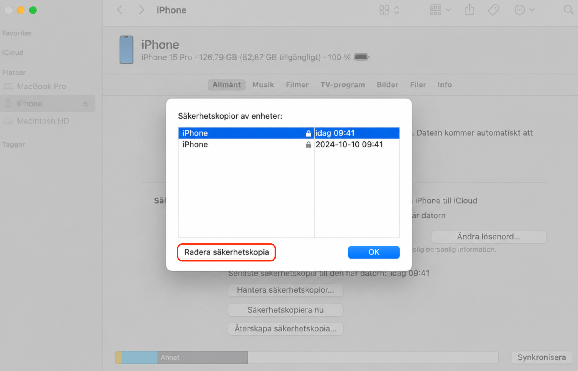  iOS-säkerhetskopior kan ta upp mycket utrymme på din Mac. Om du har en iPhone eller iPad ansluter du den nu och raderar sedan säkerhetskopiorna.