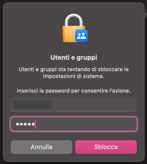 Ti verrà chiesto di inserire la password del tuo Mac. Inseriscila nella casella, poi premi Invio o clicca il pulsante Sblocca.