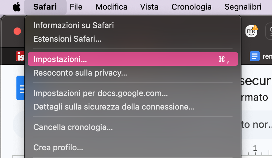 Per rimuovere le estensioni in Safari sul tuo Mac, vai prima al menu Impostazioni del browser.