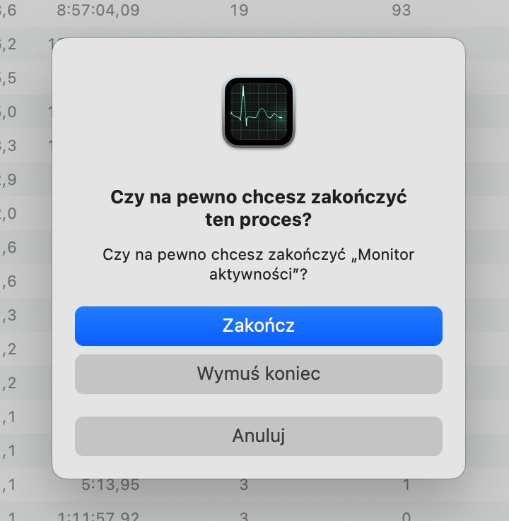 Okno potwierdzenia zakończenia działającego procesu w Monitorze aktywności. W ten sposób możesz zakończyć proces powodujący przegrzewanie Maca – wystarczy kliknąć Zakończ.