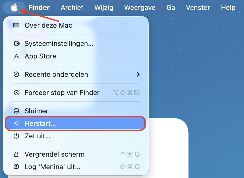 De opties in de Apple-menubalk op de Mac. Wanneer een externe harde schijf niet wordt herkend, is de eerste stap om je Mac opnieuw op te starten om te zien of dat het probleem oplost.