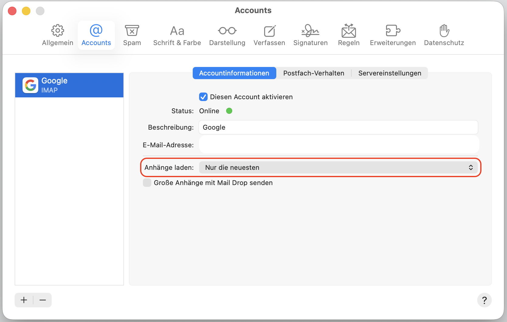 Die Einstellungsseite der Konten in der E-Mail-App von Apple. Anhänge laden ist hervorgehoben.