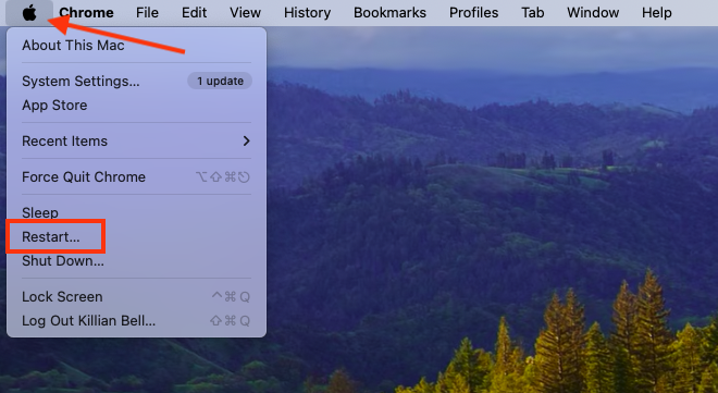 The Restart option inside the Apple menu on Mac. When you find set date and time automatically on Mac is not working, the first step is to restart your computer, which usually fixes odd macOS glitches.