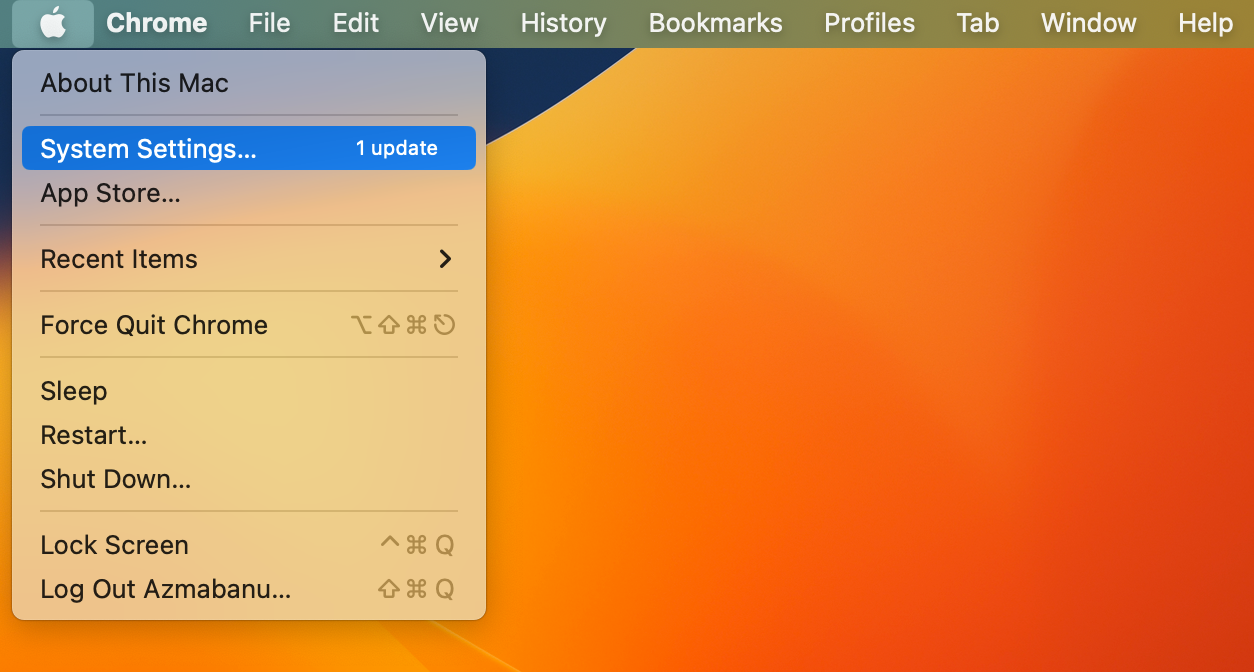 To adjust the time manually on your MacBook, first launch the Apple menu and choose the System Settings option in the drop-down menu.