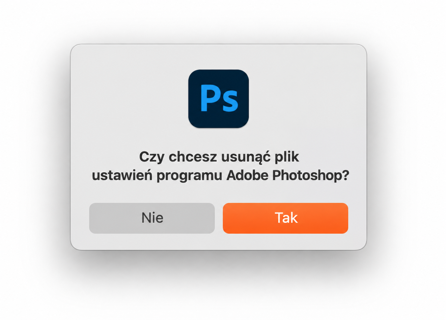 Okno dialogowe w Photoshopie z pytaniem, czy usunąć plik ustawień Photoshopa. Kliknij Tak, aby potwierdzić, że chcesz usunąć ustawienia Photoshopa.