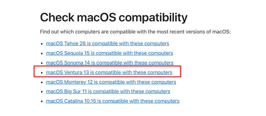 Apple Support Check macOS compatibility page with macOS Ventura 13 highlighted among supported versions for Apple computers.