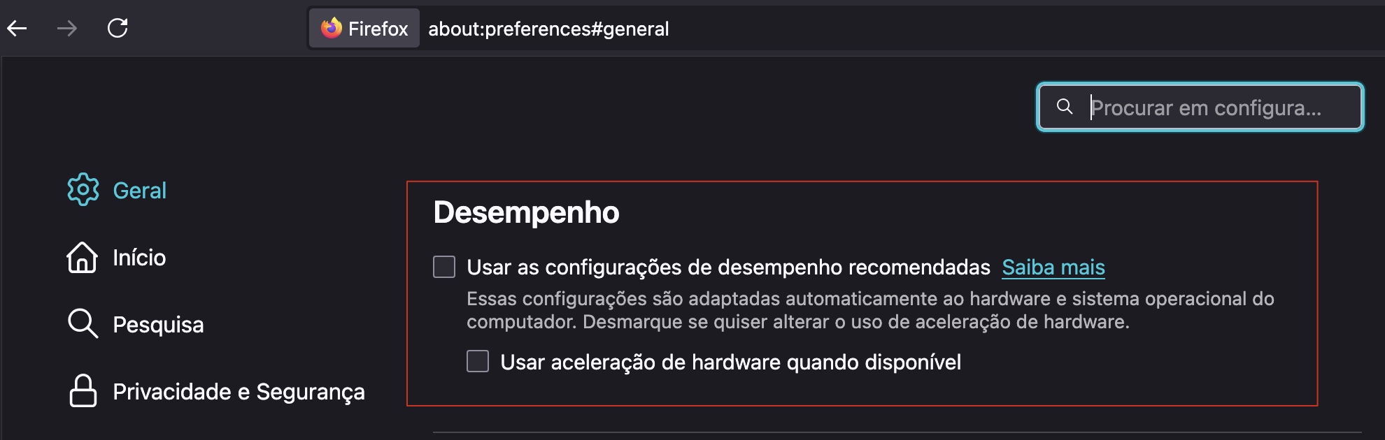 A página de Configurações do Firefox no Mac, com a seção Desempenho destacada. Parte das instruções sobre como resolver o problema de falhas na tela do MacBook.