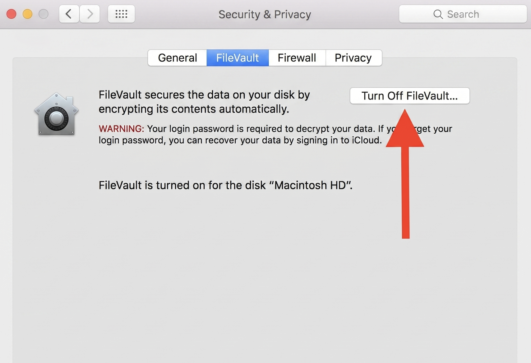 Now that you’ve opened Disk Utility in Recovery Mode, click File and Turn Off Encryption to disable FileValult on your Mac.