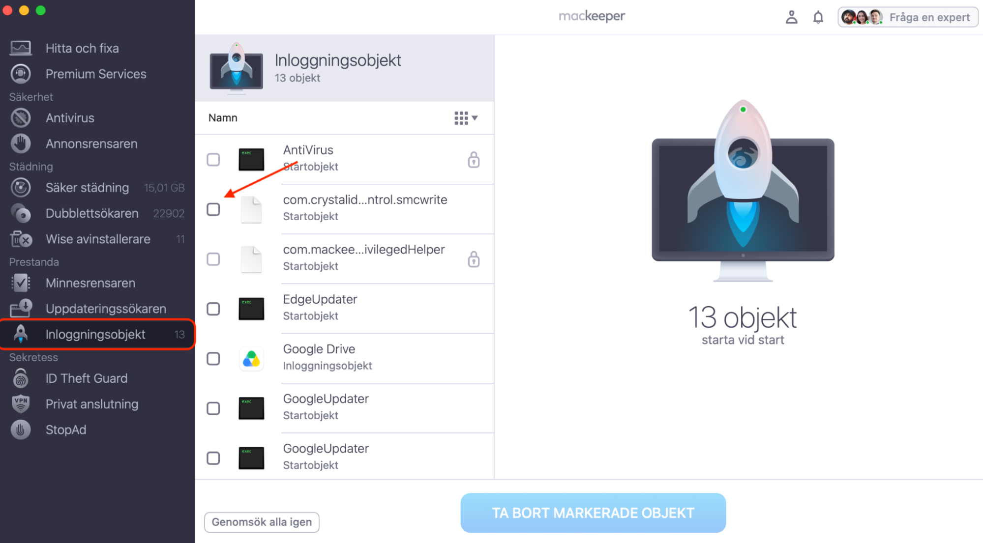 MacKeeper på Mac visar verktyget Inloggningsobjekt. Markera de appar du inte vill ska köras vid uppstart, klicka sedan på Ta bort markerade objekt.