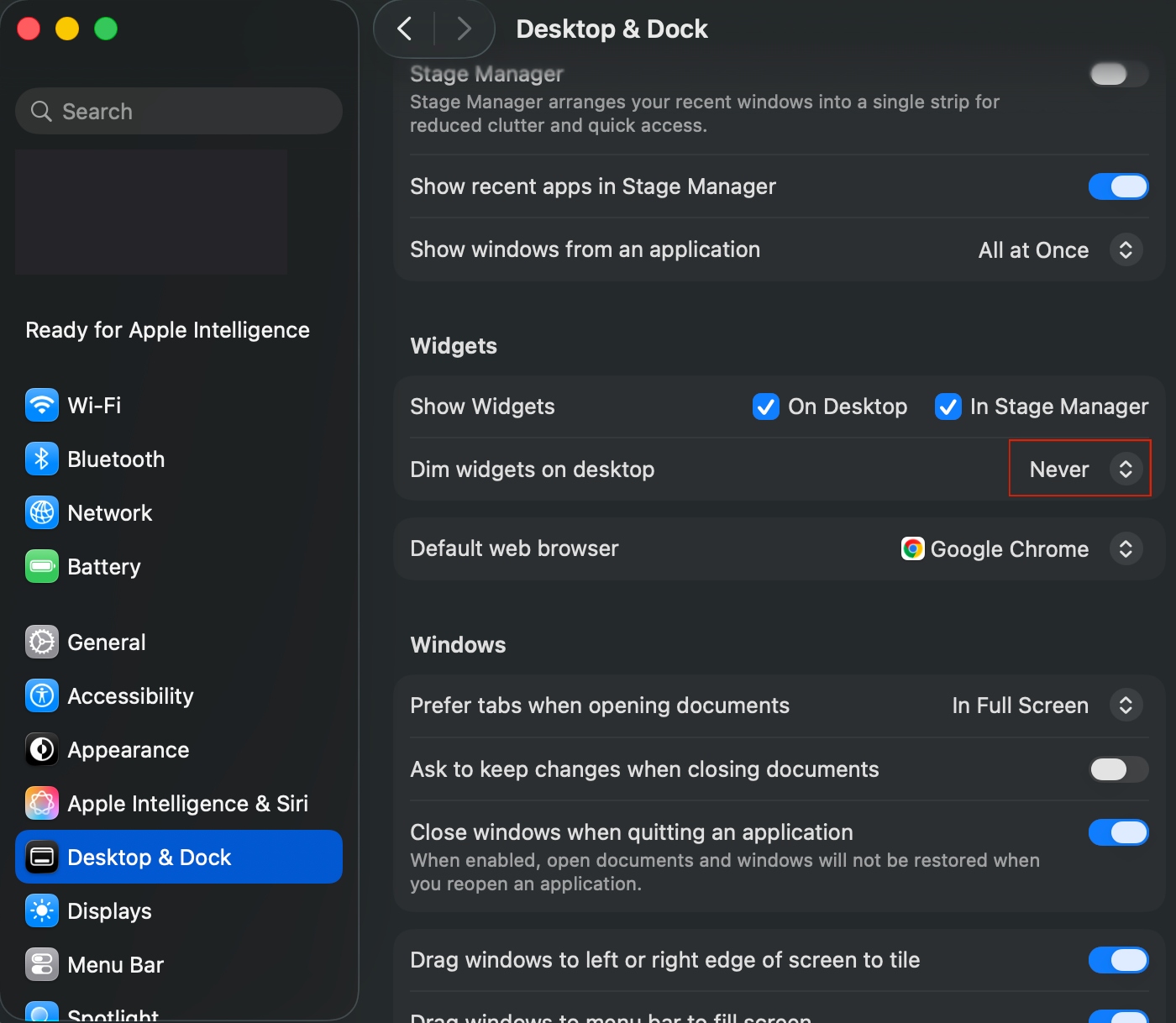 Head to the Widgets section of your Desktop & Dock settings and set the Dim widgets on desktop setting to Never to rectify Mac widgets not working.