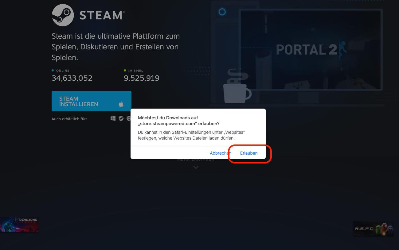Der Safari-Browser fordert den Benutzer auf, den Download des Steam-Clients auf dem Mac zuzulassen. Klicken Sie auf die Schaltfläche Erlauben, um fortzufahren.