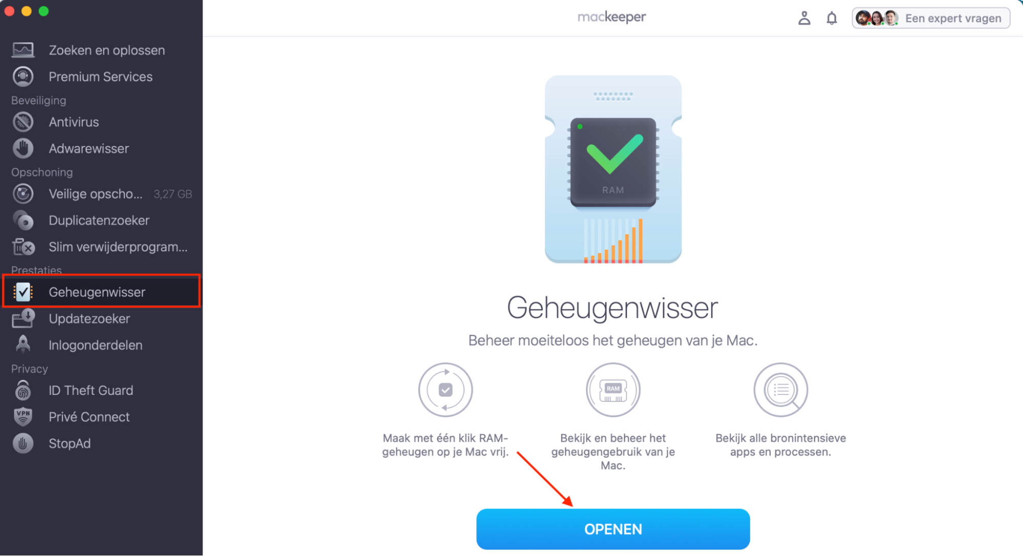 De tool ‘Geheugenwisser’ in MacKeeper op de Mac. Klik op ‘Open’ om deze te starten.