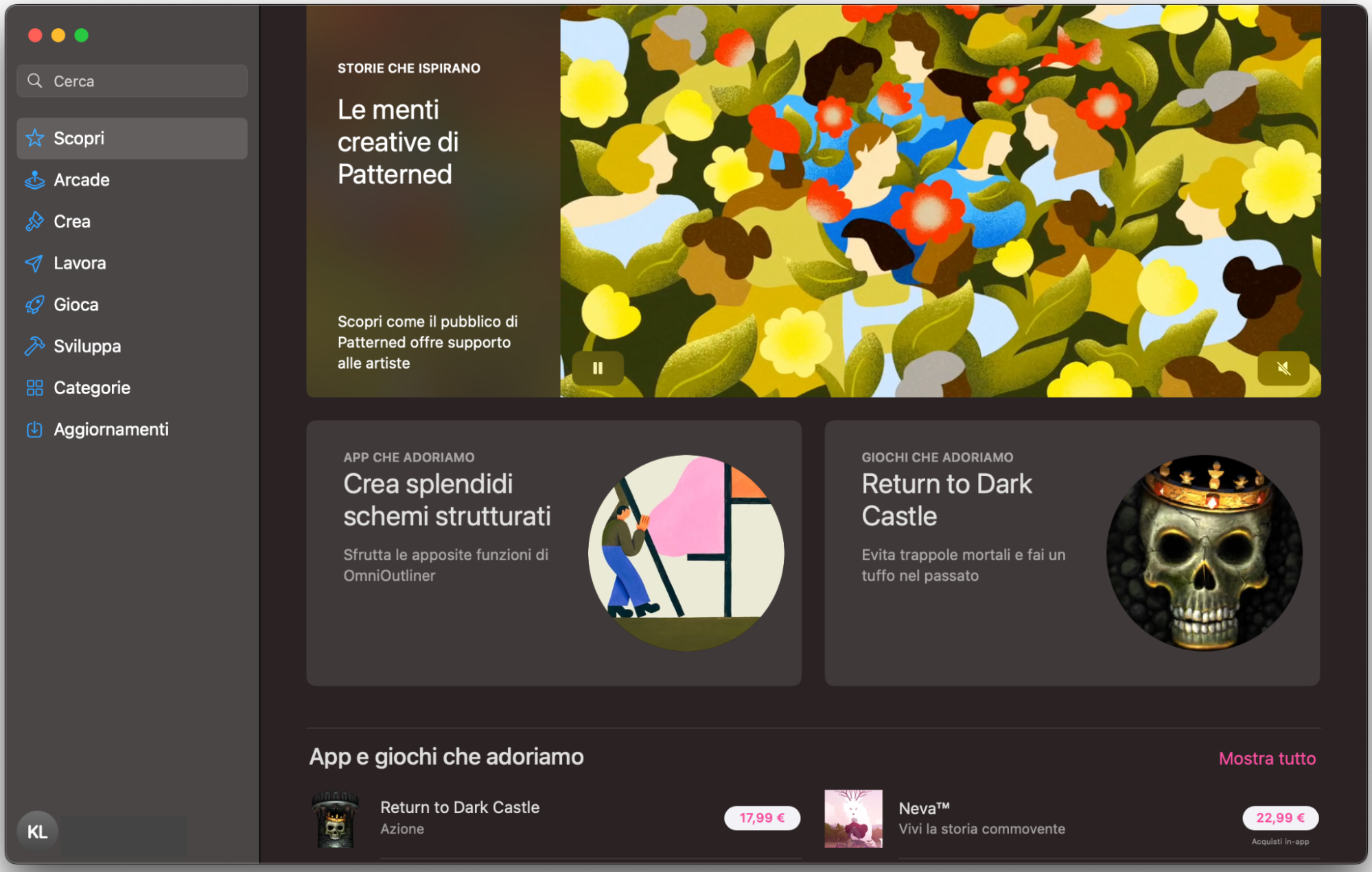 App Store su Mac mostra la schermata Scopri. Fai clic sul tuo nome oppure su Accedi per entrare nel tuo account App Store e migrare le applicazioni sul nuovo Mac senza usare Assistente Migrazione.