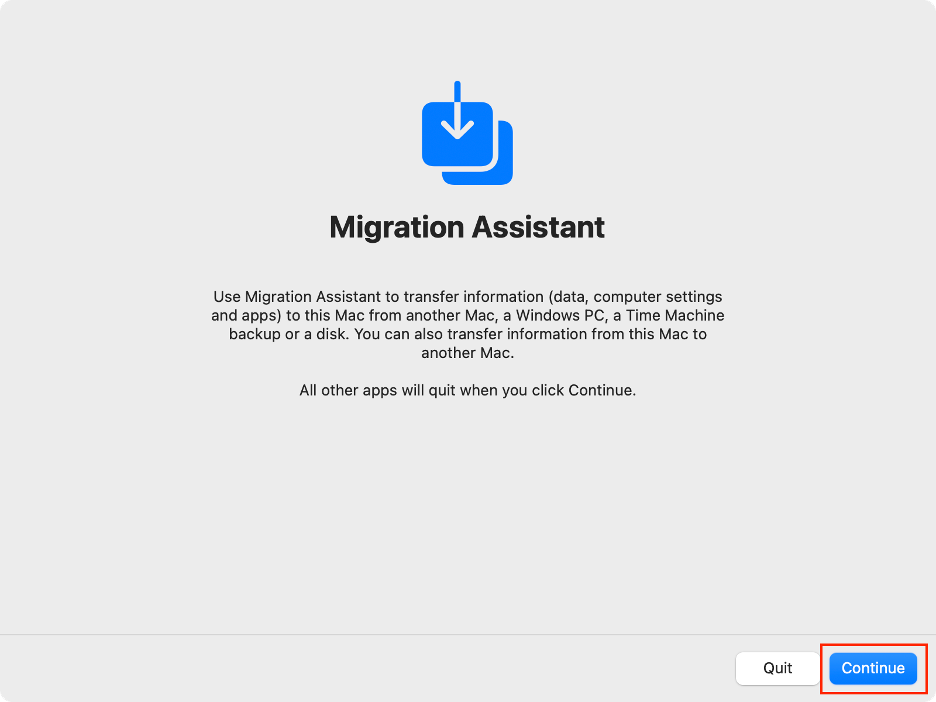 To use Migration Assistant to restore your Mac to a previous date, click Continue.