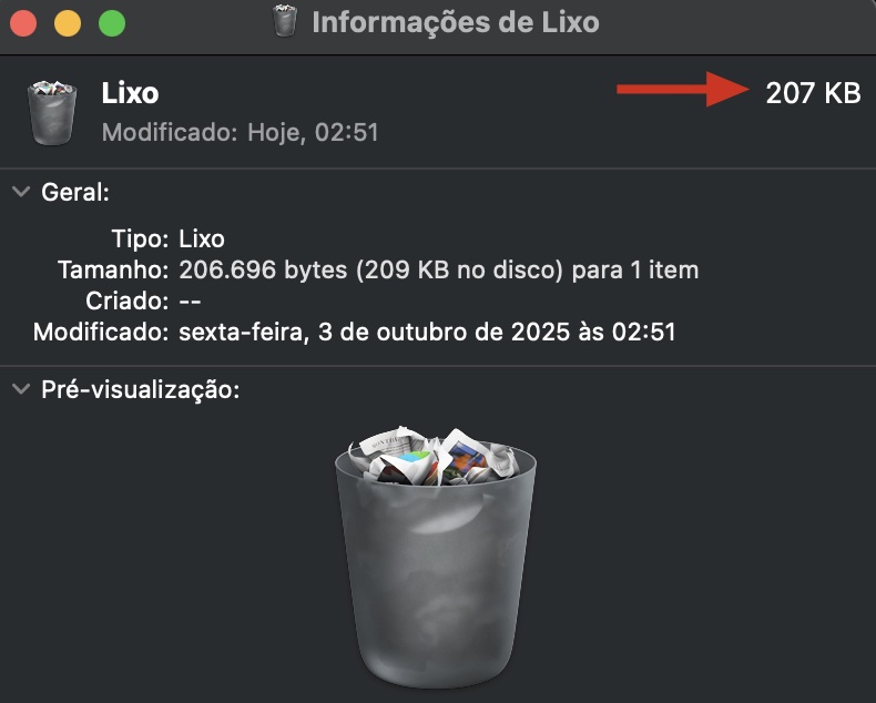 A janela de Informações do Lixo no macOS mostrando estatísticas da pasta da Lixeira. Você pode verificar o tamanho do Lixo no canto superior direito.