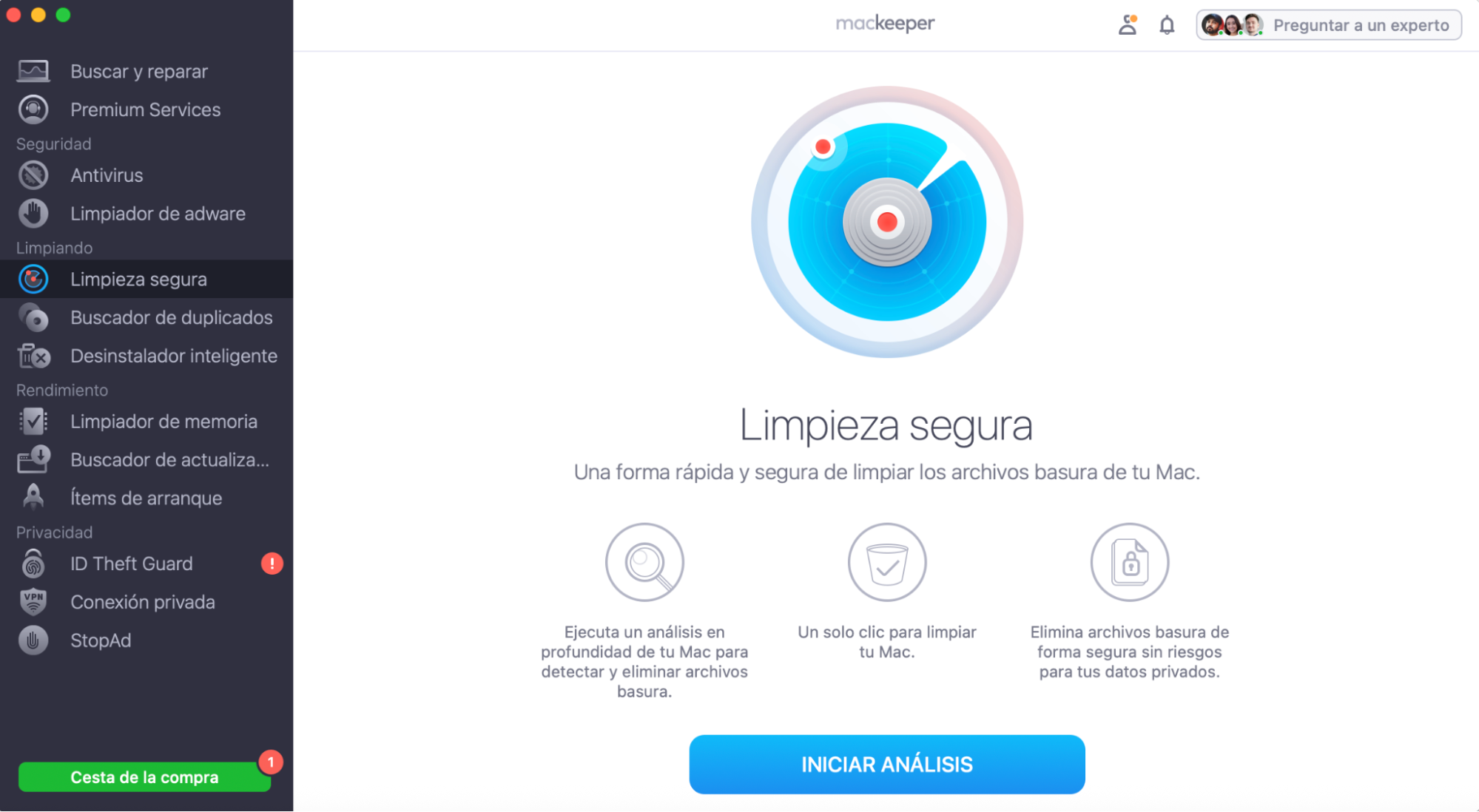 Para eliminar archivos basura de tu Mac, ejecuta MacKeeper y selecciona Limpieza Segura, luego haz clic en Iniciar análisis.