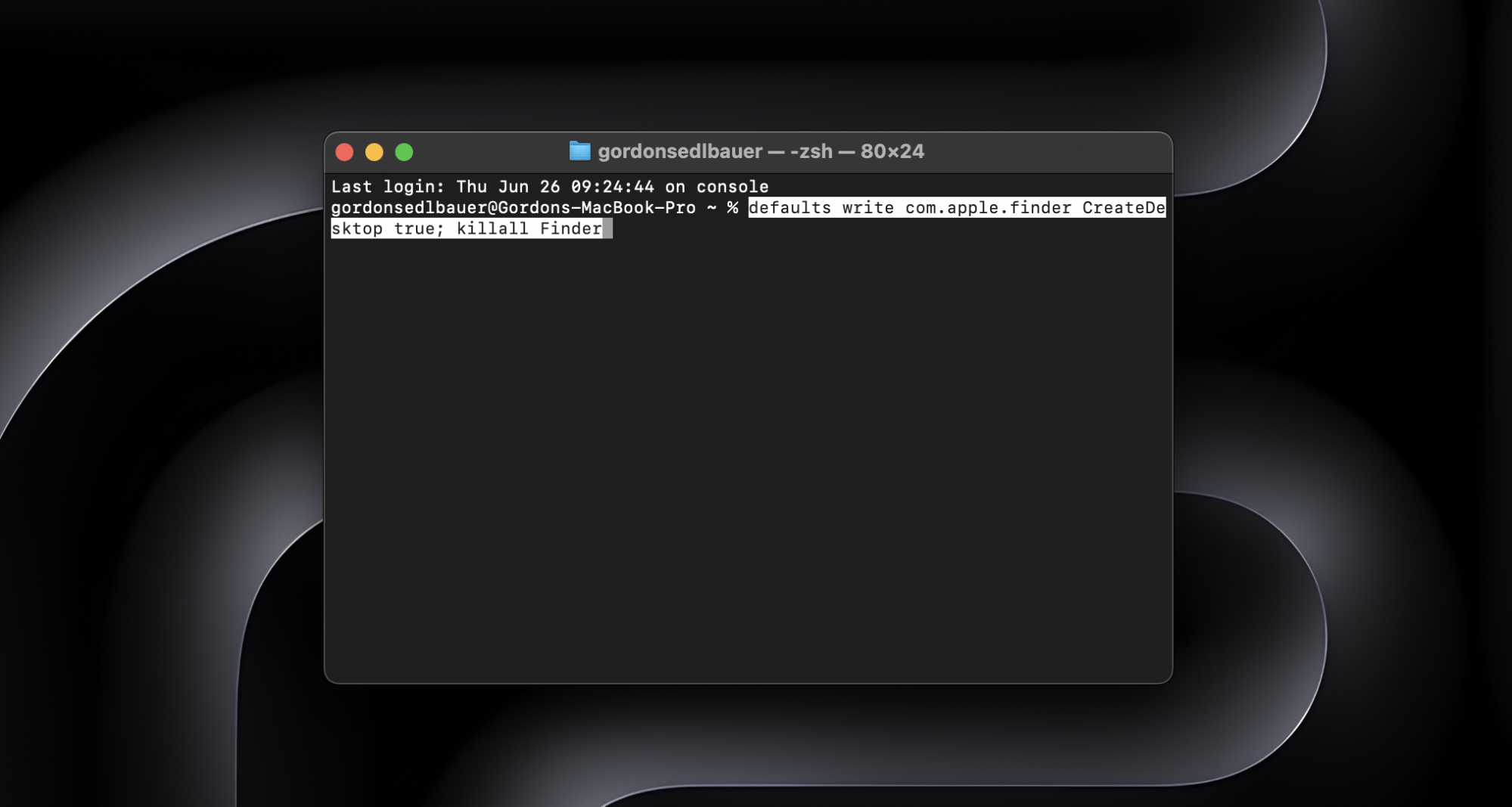Um die Desktop-Symbole Ihres Mac wieder einzublenden, kopieren Sie den folgenden Befehl in das Terminal-Fenster und drücken Sie die Eingabetaste: defaults write com.apple.finder CreateDesktop true; killall Finder. Möglicherweise werden Sie aufgefordert, Ihr Administratorkennwort einzugeben.