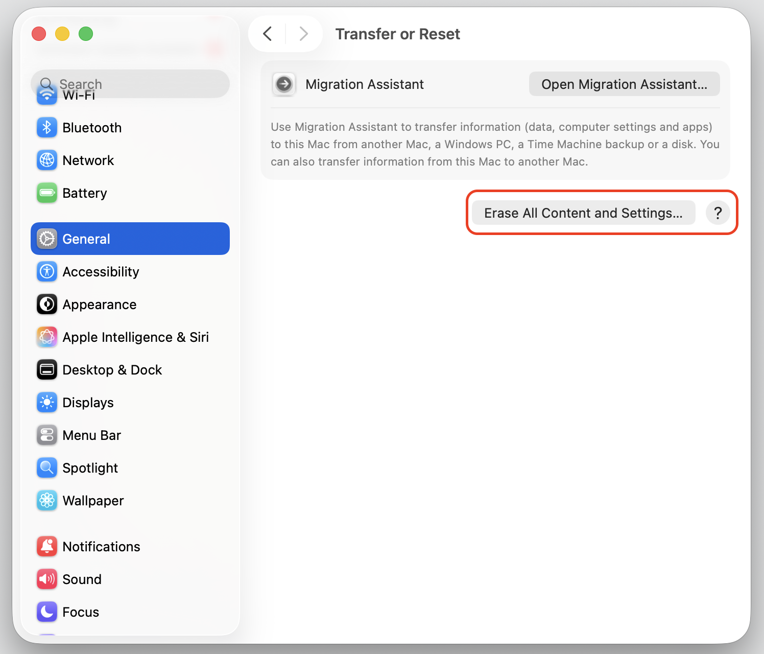 Transfer or Reset pane in macOS Ventura System Settings showing the Erase All Content and Settings option for a mouse-only Mac reset.