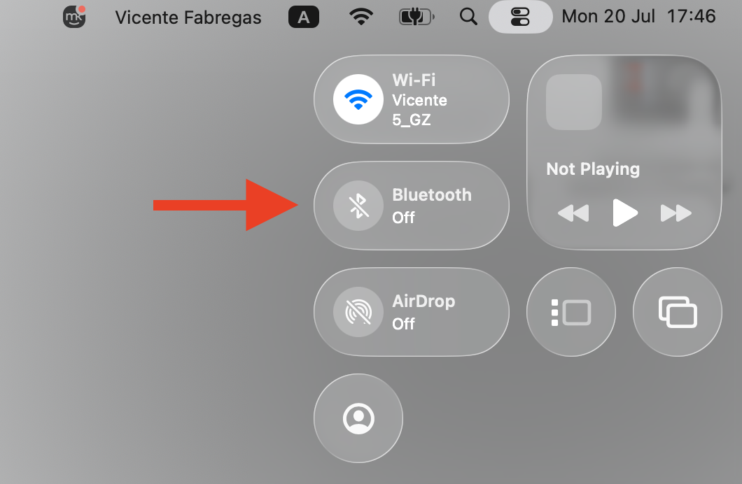 macOS Bluetooth settings on an Apple laptop showing the toggle switched back on to re-establish connections and reset bluetoothd CPU use.