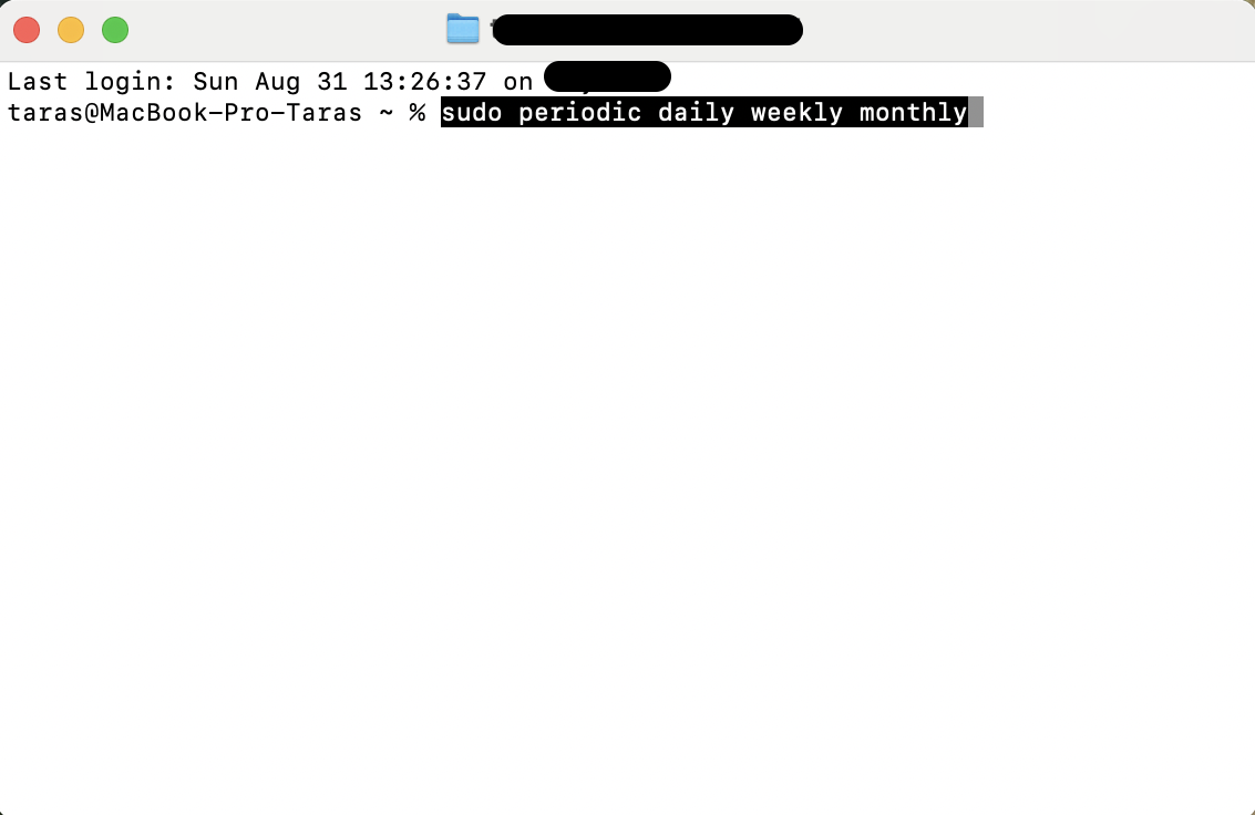 Open Terminal, type sudo periodic daily weekly monthly, and press Return to run macOS maintenance scripts that clear logs and refresh system tasks.
